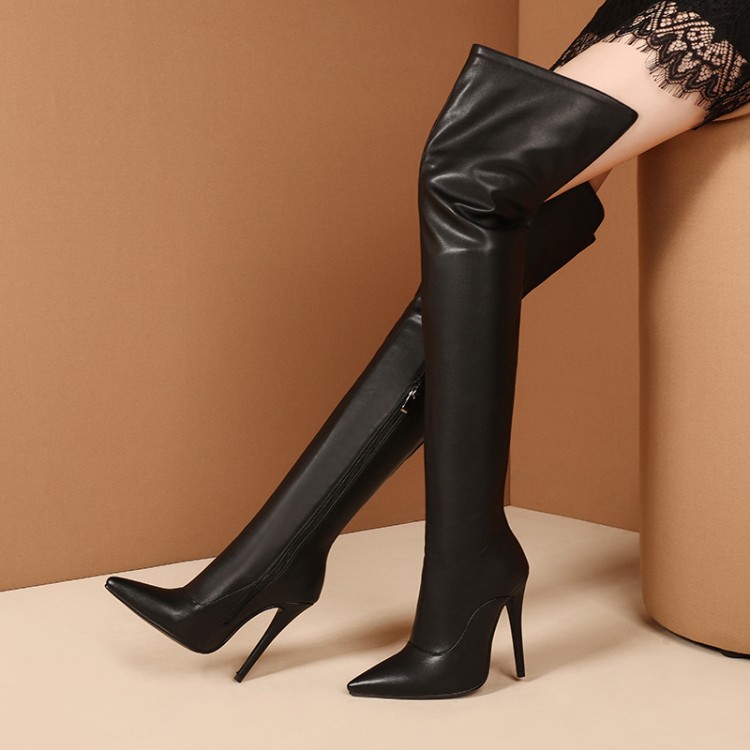 Women's Over-the-Knee Pointed Toe Stiletto Heel Fashion Boots with Metal Decoration