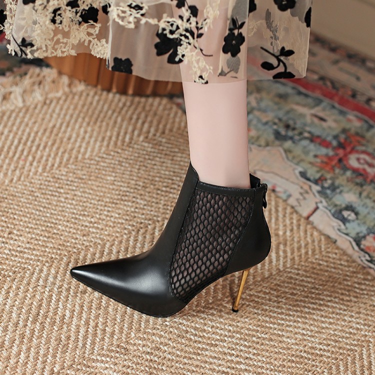 Women's High Heel Ankle Boots in Genuine Leather with Pointed Toe and Metal Detail