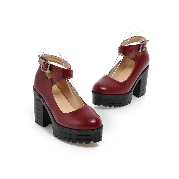 Women's Elegant Platform Chunky Heel Pumps with Cross Strap