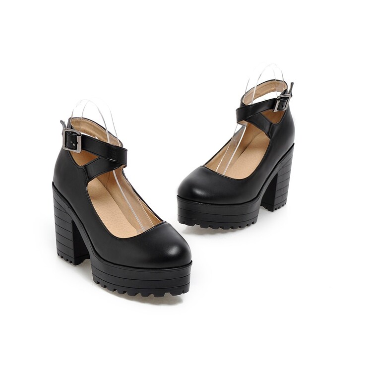 Women's Elegant Platform Chunky Heel Pumps with Cross Strap