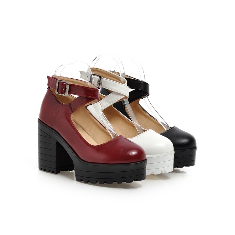 Women's Elegant Platform Chunky Heel Pumps with Cross Strap