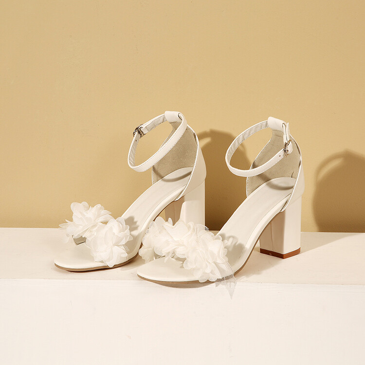 Women's White Ankle Strap Sandals with Block Mid Heel and Open Toe