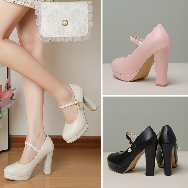 Women's Princess Style Platform Chunky High Heel Pumps with Ankle Strap