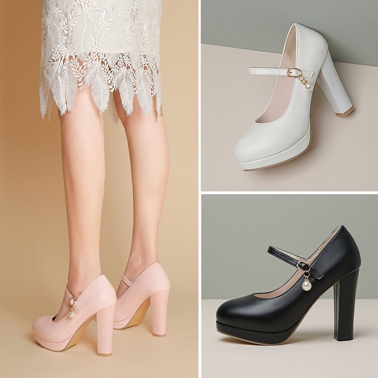Women's Princess Style Platform Chunky High Heel Pumps with Ankle Strap