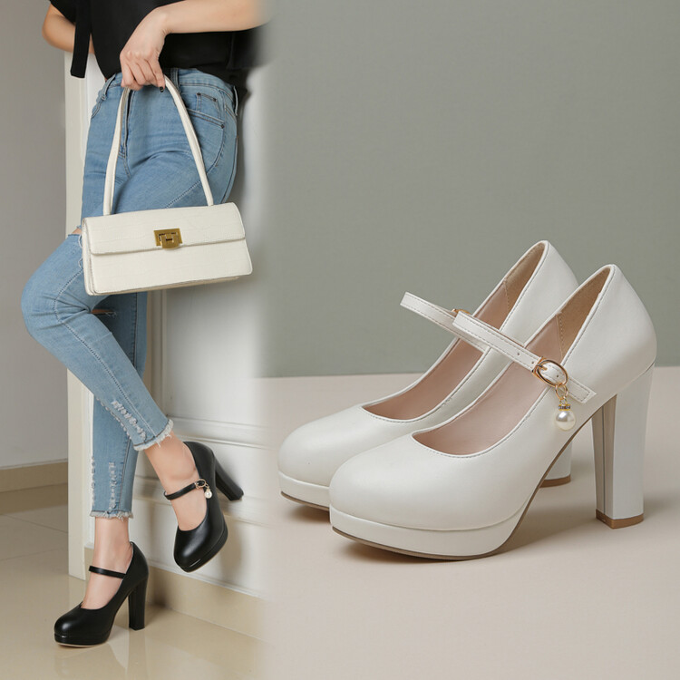 Women's Princess Style Platform Chunky High Heel Pumps with Ankle Strap