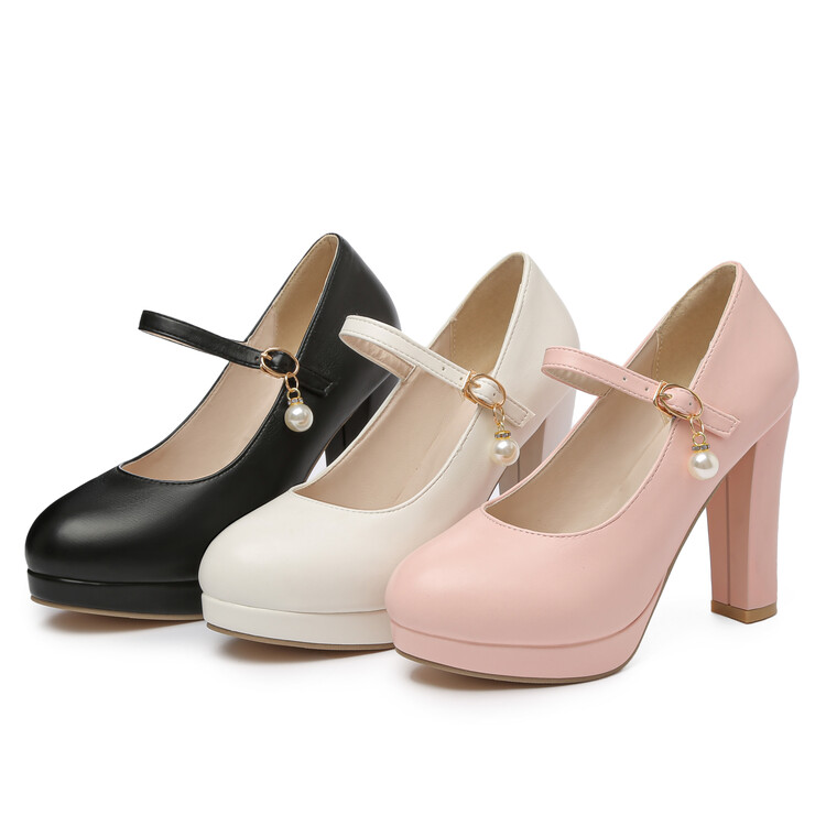 Women's Princess Style Platform Chunky High Heel Pumps with Ankle Strap