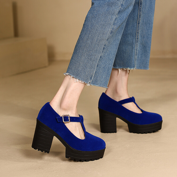 Women's Retro Suede Chunky High Heel T-Strap Pumps
