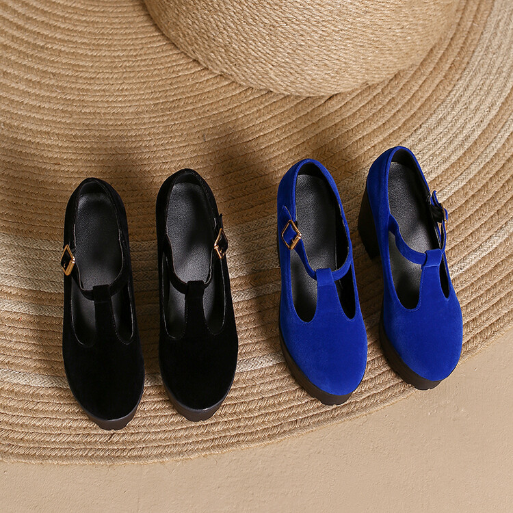 Women's Retro Suede Chunky High Heel T-Strap Pumps