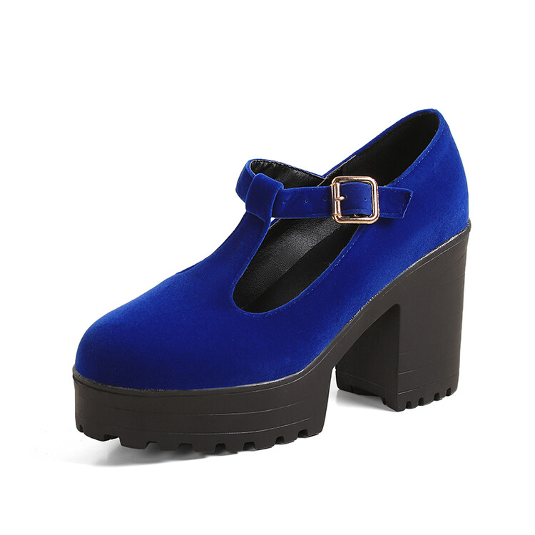 Women's Retro Suede Chunky High Heel T-Strap Pumps