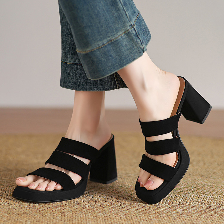 Minimalist Suede Slide Sandals with Chunky High Heel and Platform