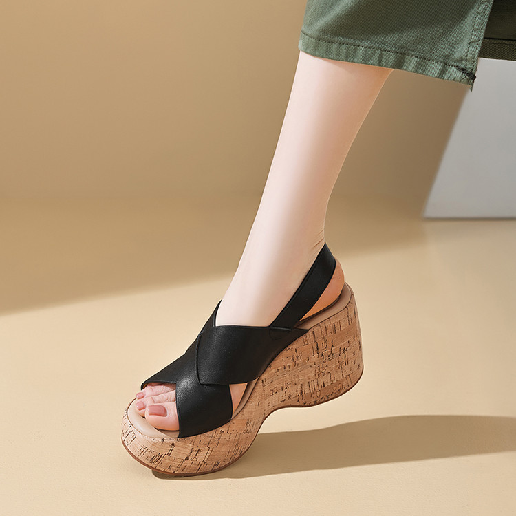 Women's Casual Platform Wedge Sandals - Soft Leather Open Toe Slip-On