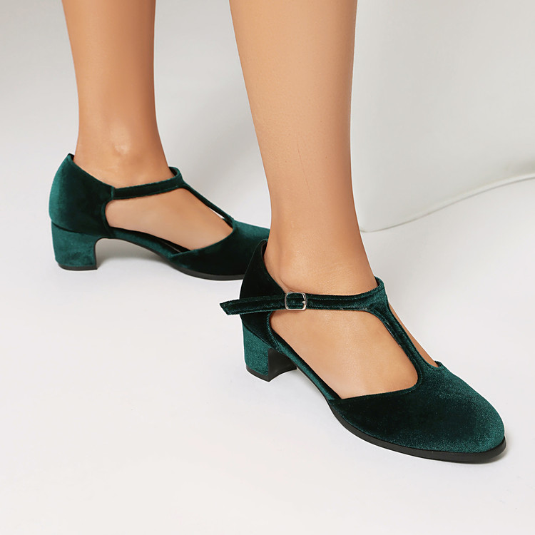 Women's Suede Mary Jane Sandals with Block Mid Heel and T-Strap Buckle