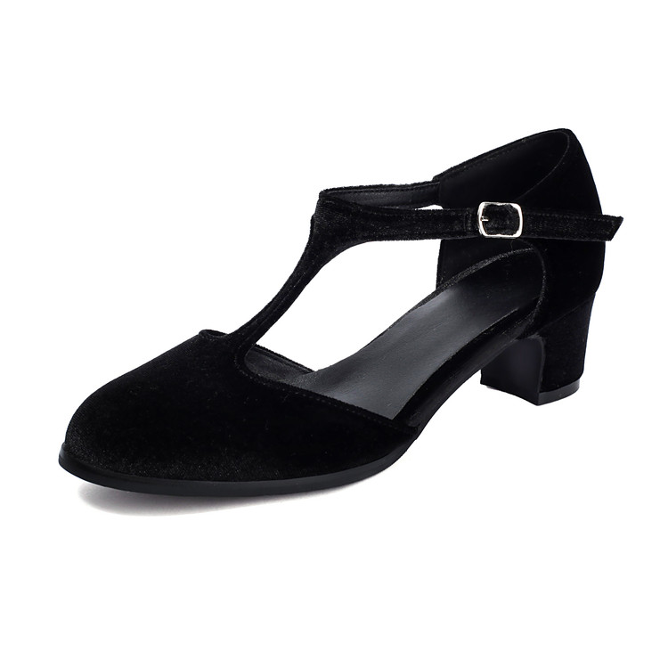 Women's Suede Mary Jane Sandals with Block Mid Heel and T-Strap Buckle