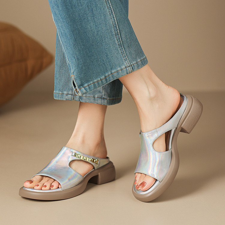 Minimalist One-Strap Slides with Chunky Heel and Metal Accent