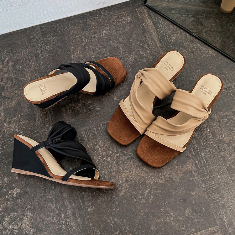 Women's High Heel Wedge Slide Sandals - Square Toe One-Strap