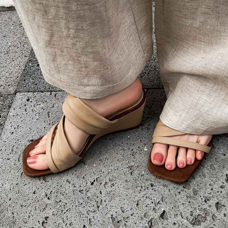 Women's High Heel Wedge Slide Sandals - Square Toe One-Strap