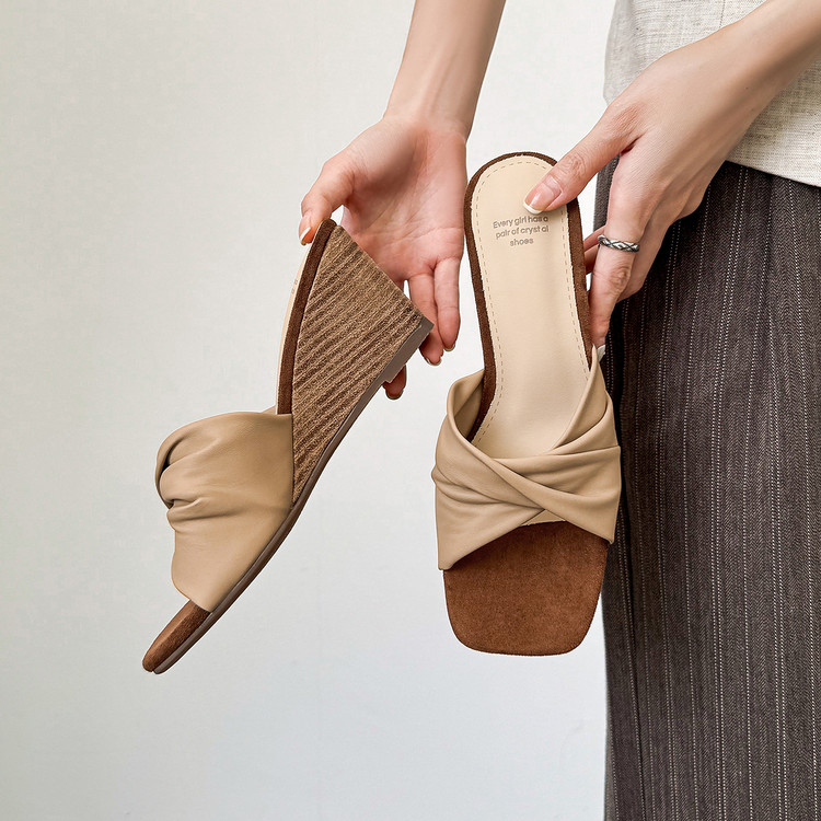 Women's High Heel One-Strap Slide Sandals with Square Toe and Wedge