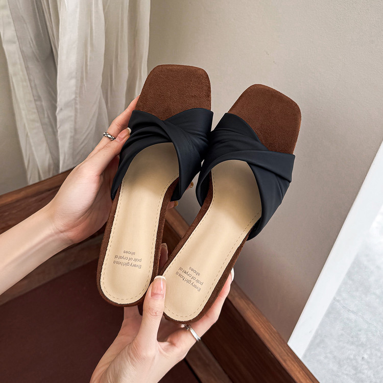 Women's High Heel One-Strap Slide Sandals with Square Toe and Wedge