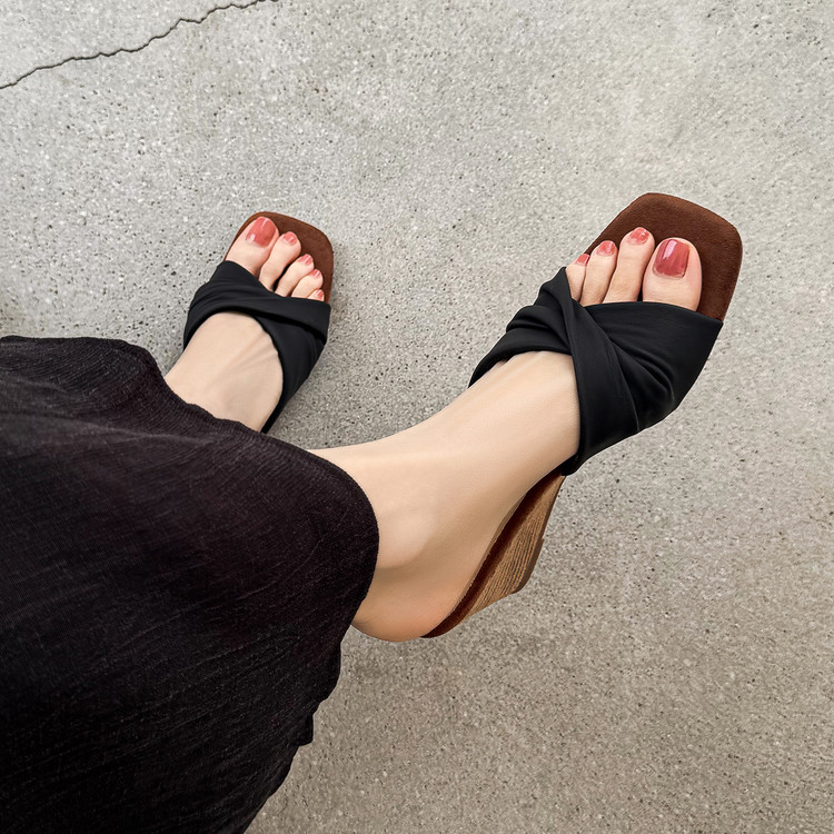 Women's High Heel One-Strap Slide Sandals with Square Toe and Wedge