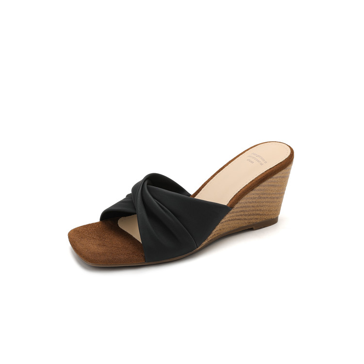 Women's High Heel One-Strap Slide Sandals with Square Toe and Wedge